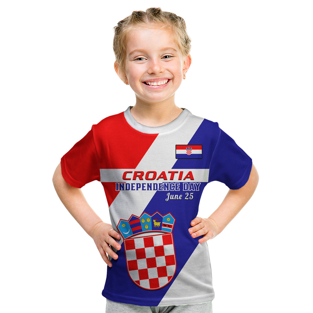 Personalised June 25 Croatia Kid T Shirt Independence Day Hrvatska Coat Of Arms 32nd Anniversary - Wonder Print Shop