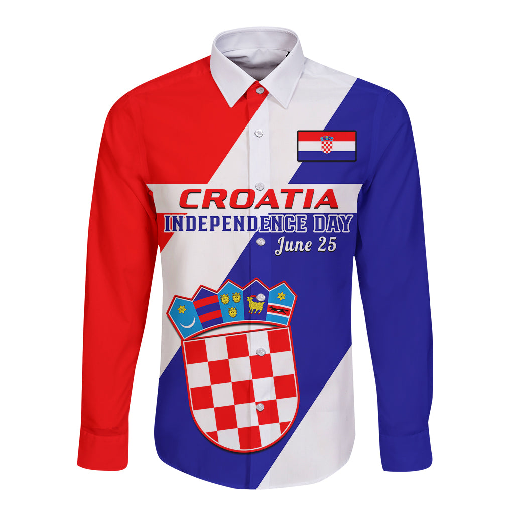 Personalised June 25 Croatia Long Sleeve Button Shirt Independence Day Hrvatska Coat Of Arms 32nd Anniversary - Wonder Print Shop