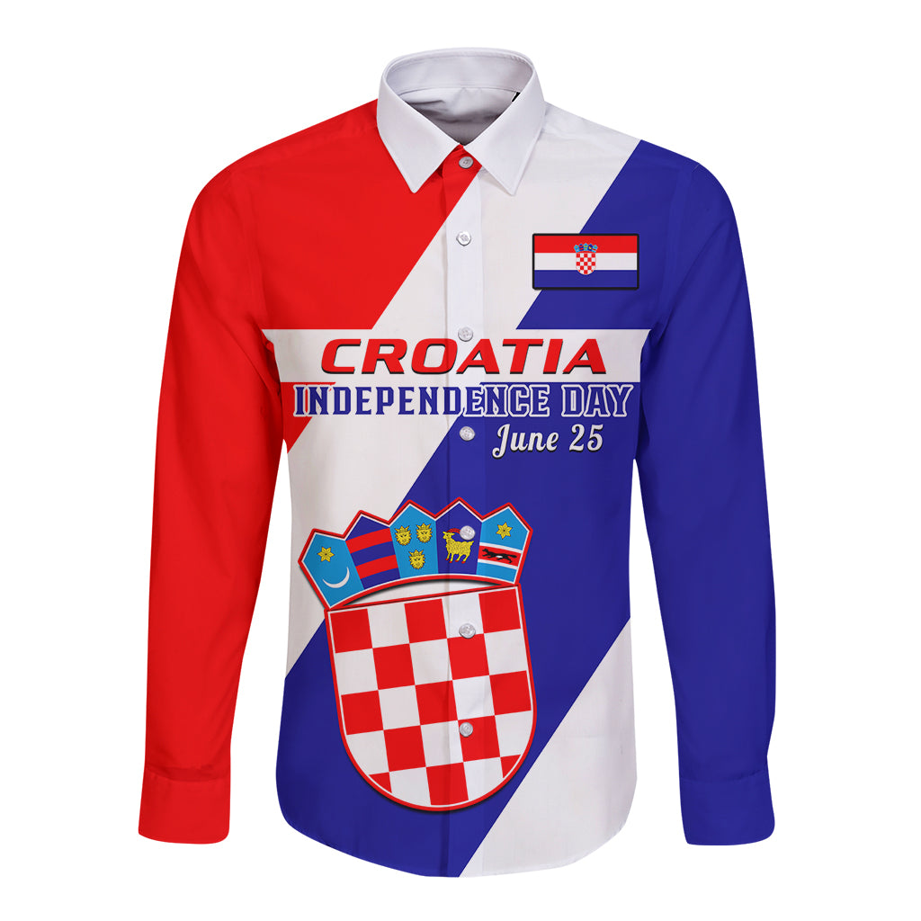 personalised-june-25-croatia-long-sleeve-button-shirt-independence-day-hrvatska-coat-of-arms-32nd-anniversary