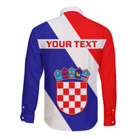 Long sleeve button shirt with red, white and blue diagonal panels and 'YOUR TEXT' on back