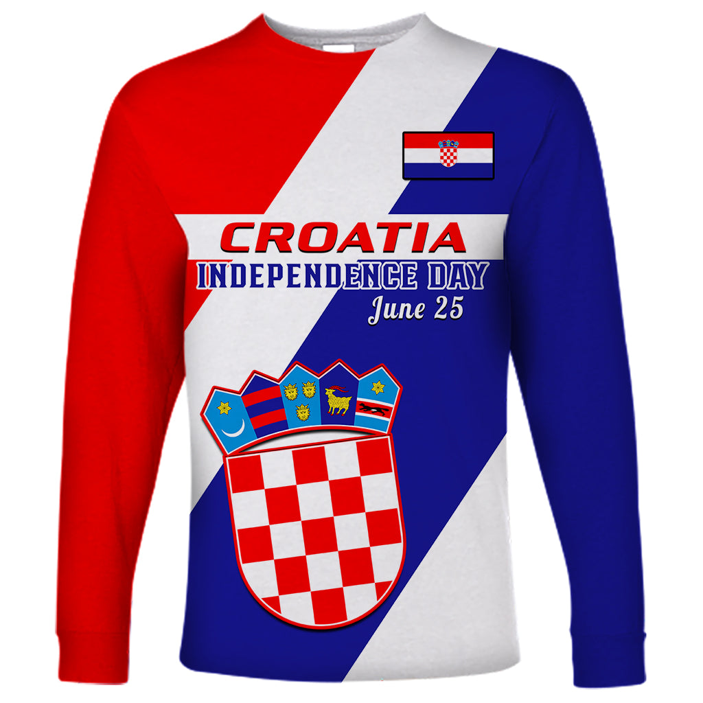 Personalised June 25 Croatia Long Sleeve Shirt Independence Day Hrvatska Coat Of Arms 32nd Anniversary - Wonder Print Shop