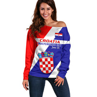 Personalised June 25 Croatia Off Shoulder Sweater Independence Day Hrvatska Coat Of Arms 32nd Anniversary - Wonder Print Shop