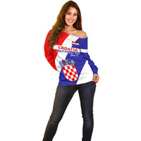 Personalised June 25 Croatia Off Shoulder Sweater Independence Day Hrvatska Coat Of Arms 32nd Anniversary - Wonder Print Shop