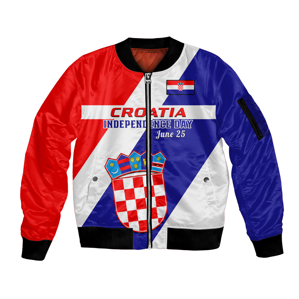 Personalised June 25 Croatia Sleeve Zip Bomber Jacket Independence Day Hrvatska Coat Of Arms 32nd Anniversary - Wonder Print Shop