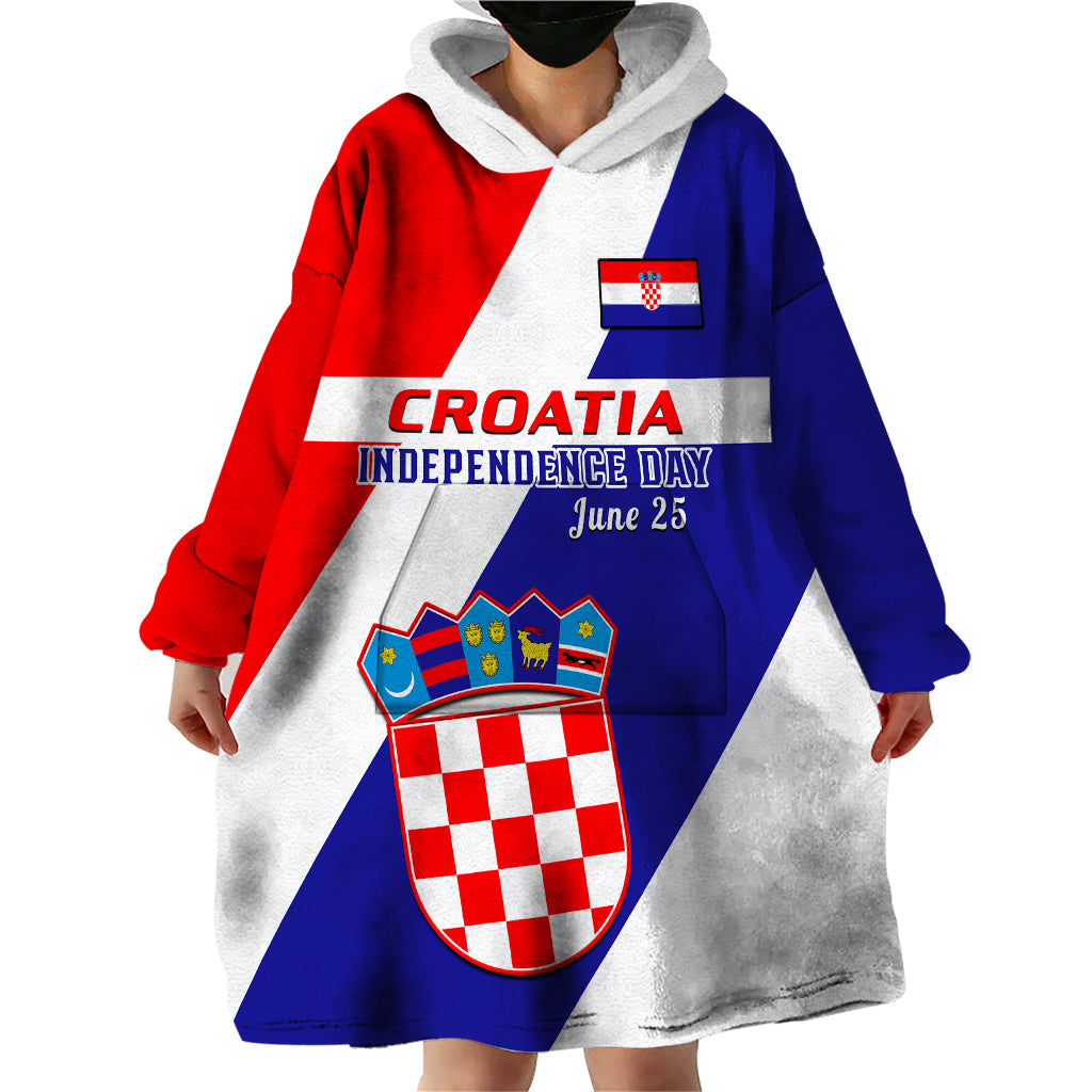 Personalised June 25 Croatia Wearable Blanket Hoodie Independence Day Hrvatska Coat Of Arms 32nd Anniversary - Wonder Print Shop