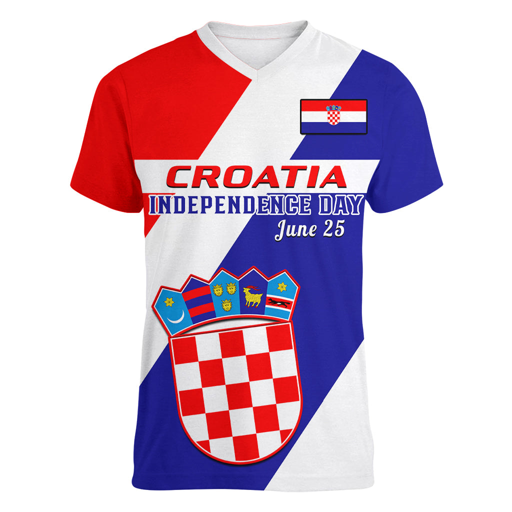 Personalised June 25 Croatia Women V Neck T Shirt Independence Day Hrvatska Coat Of Arms 32nd Anniversary - Wonder Print Shop