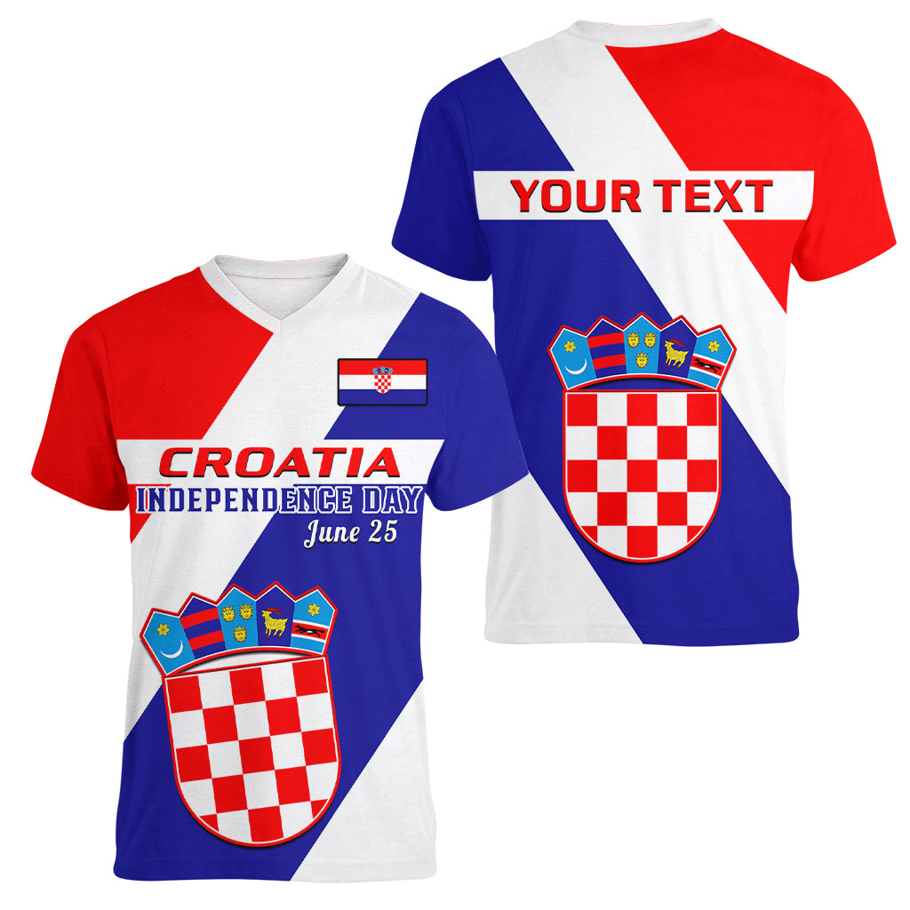 Personalised June 25 Croatia Women V Neck T Shirt Independence Day Hrvatska Coat Of Arms 32nd Anniversary - Wonder Print Shop