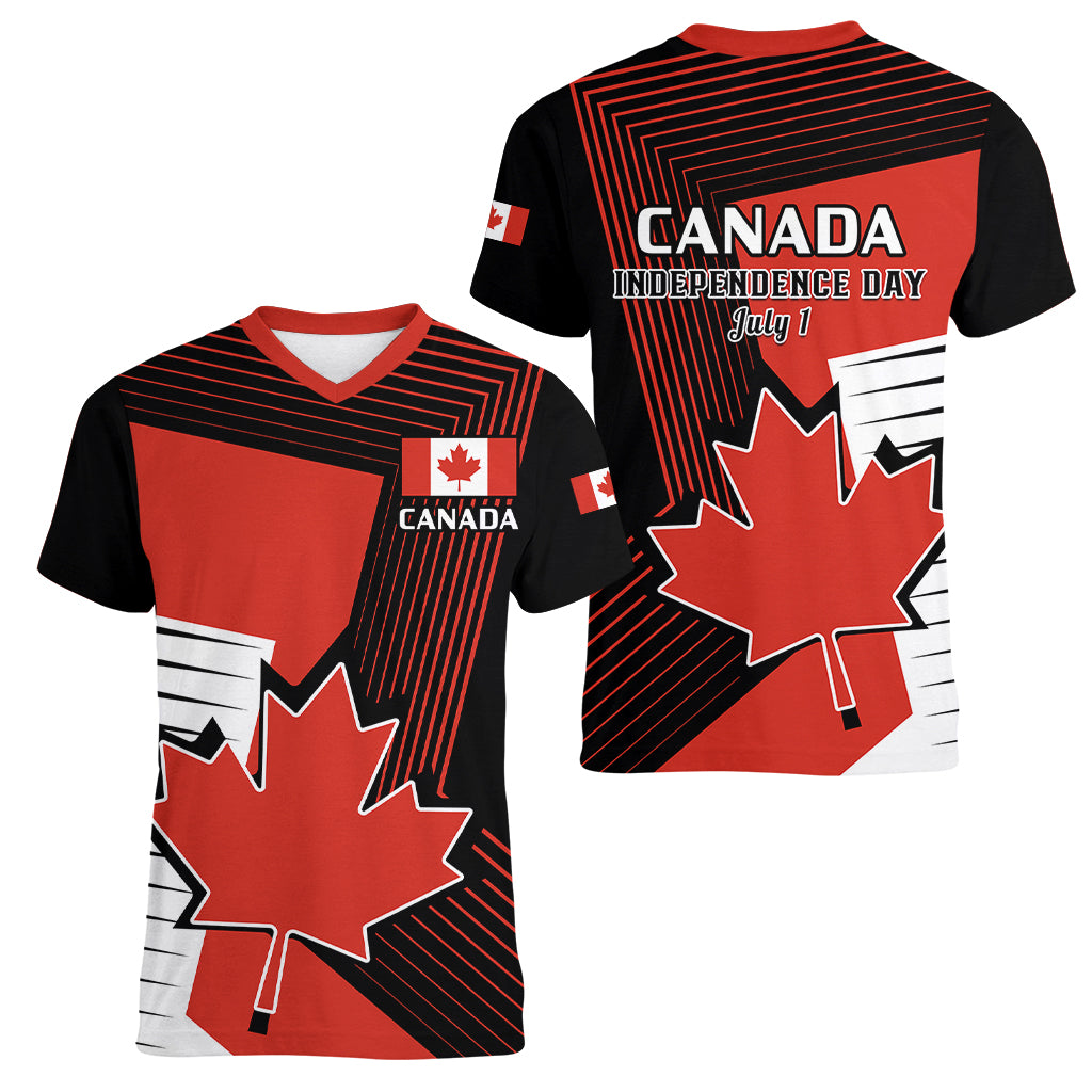 July 1 Canada Women V Neck T Shirt Independence Day with Canadian Maple Leaf - Wonder Print Shop