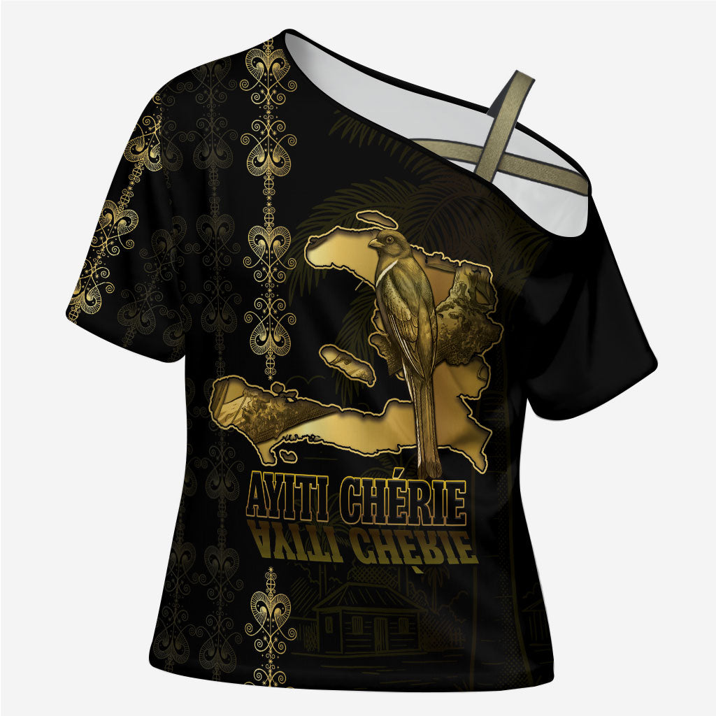 Afro-Haitians Ayiti Cherie Cross Shoulder Shirt Haiti Map Kanson Wouj Veve Vodou
