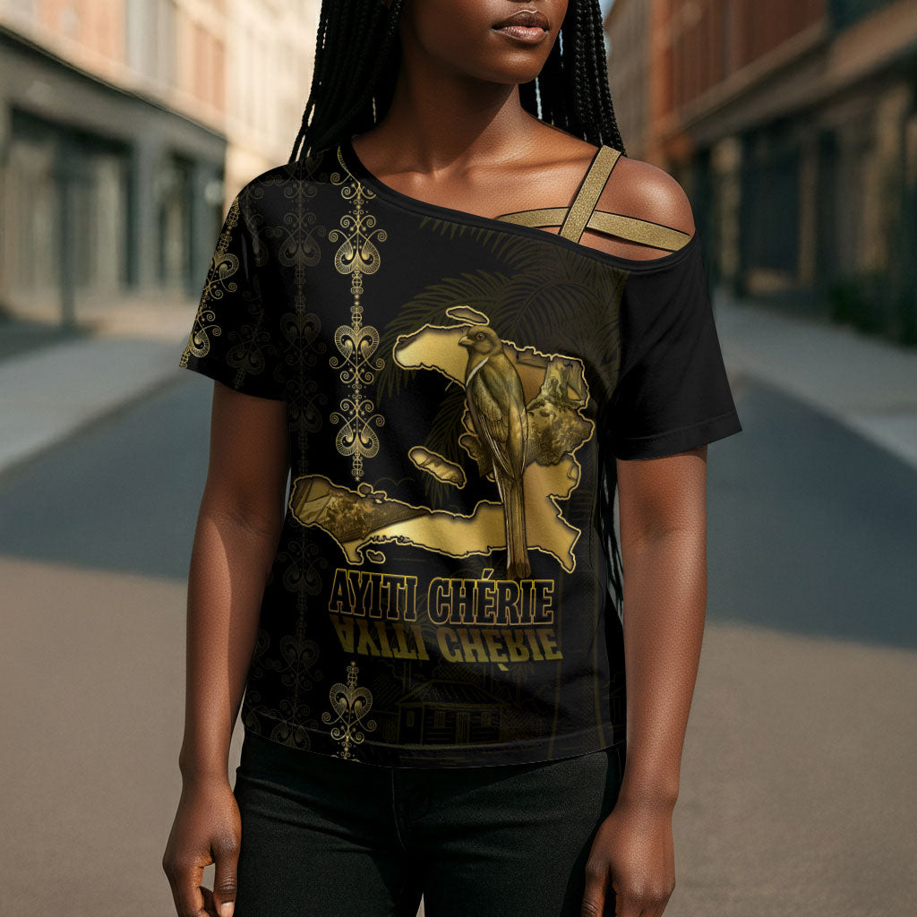 Afro-Haitians Ayiti Cherie Cross Shoulder Shirt Haiti Map Kanson Wouj Veve Vodou