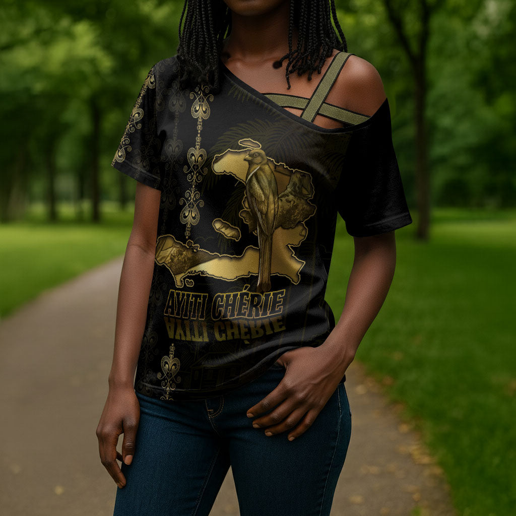 Afro-Haitians Ayiti Cherie Cross Shoulder Shirt Haiti Map Kanson Wouj Veve Vodou