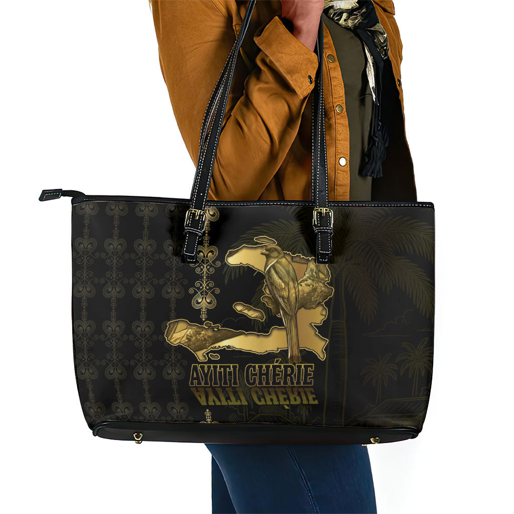 Afro-Haitians Ayiti Cherie Leather Tote Bag Haiti Map Kanson Wouj Veve Vodou