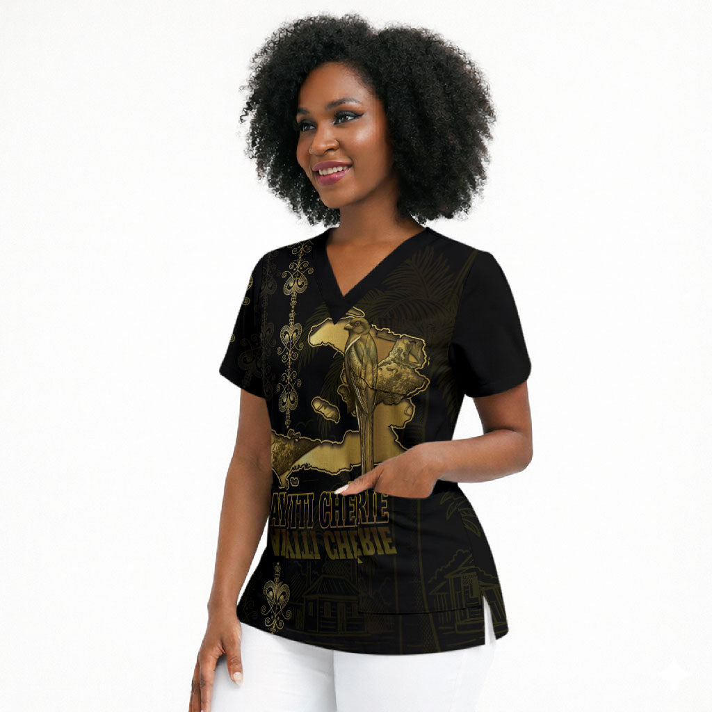 Afro-Haitians Ayiti Cherie Scrub Top Haiti Map Kanson Wouj Veve Vodou