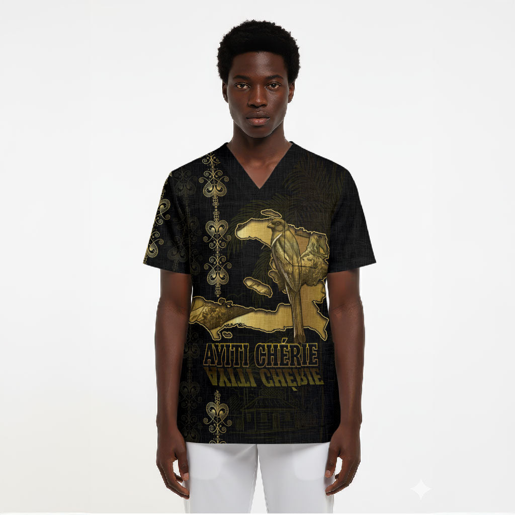 Afro-Haitians Ayiti Cherie Scrub Top Haiti Map Kanson Wouj Veve Vodou