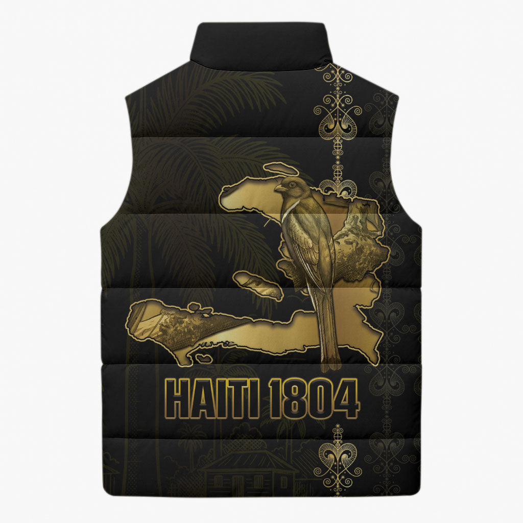Afro-Haitians Ayiti Cherie Sleeveless Puffer Jacket Haiti Map Kanson Wouj Veve Vodou