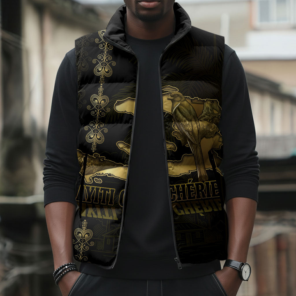 Afro-Haitians Ayiti Cherie Sleeveless Puffer Jacket Haiti Map Kanson Wouj Veve Vodou