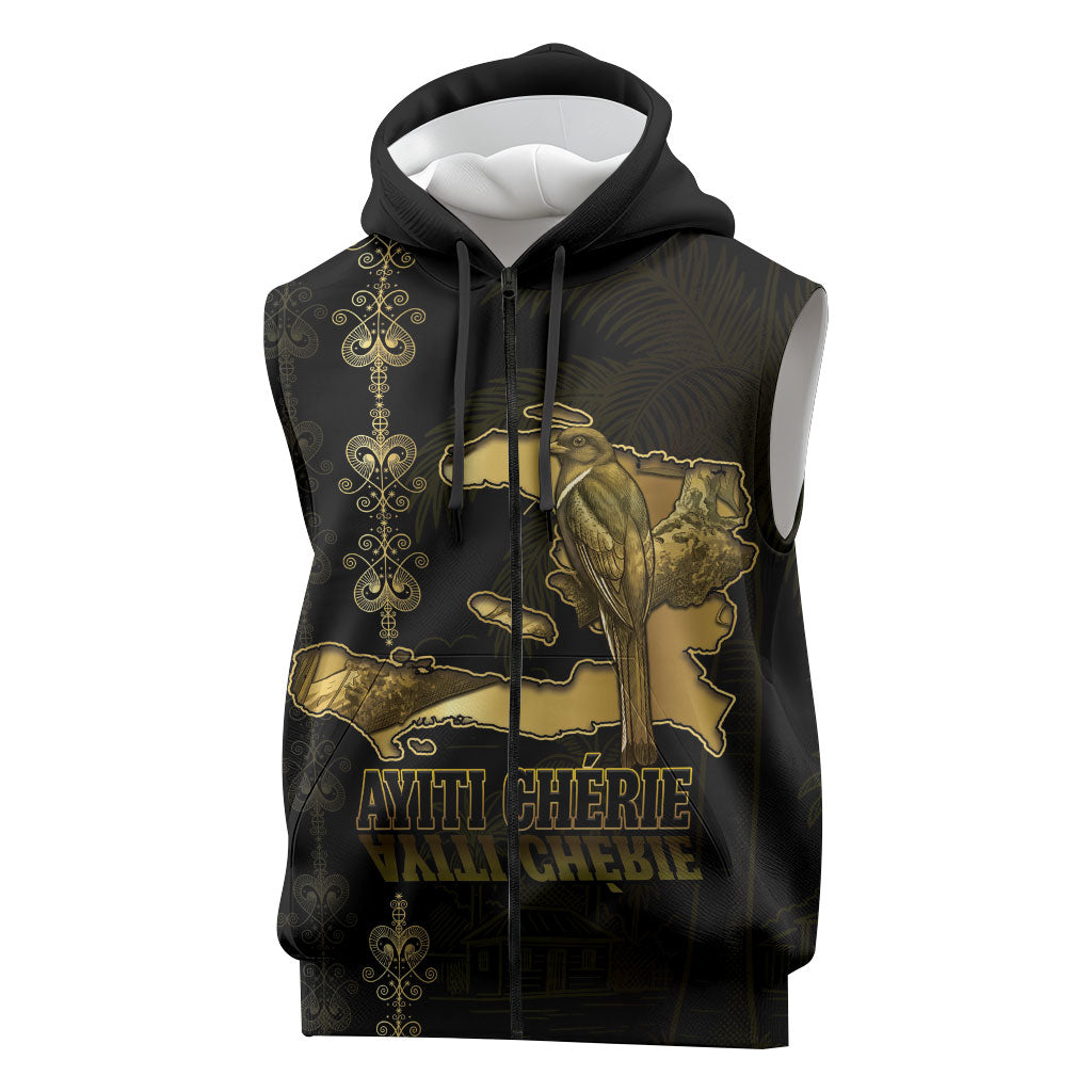 Afro-Haitians Ayiti Cherie Sleeveless Zip Hoodie Haiti Map Kanson Wouj Veve Vodou