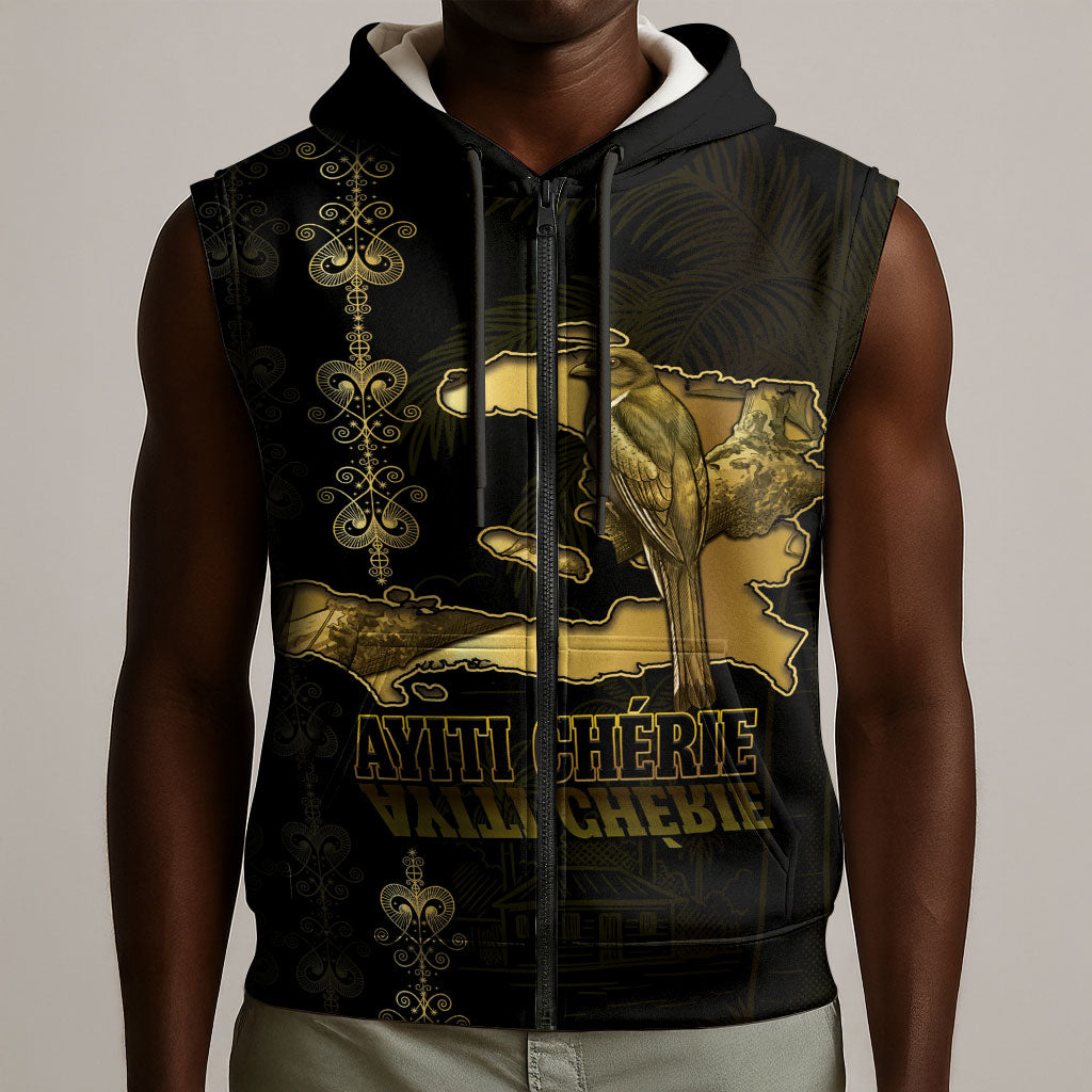 Afro-Haitians Ayiti Cherie Sleeveless Zip Hoodie Haiti Map Kanson Wouj Veve Vodou