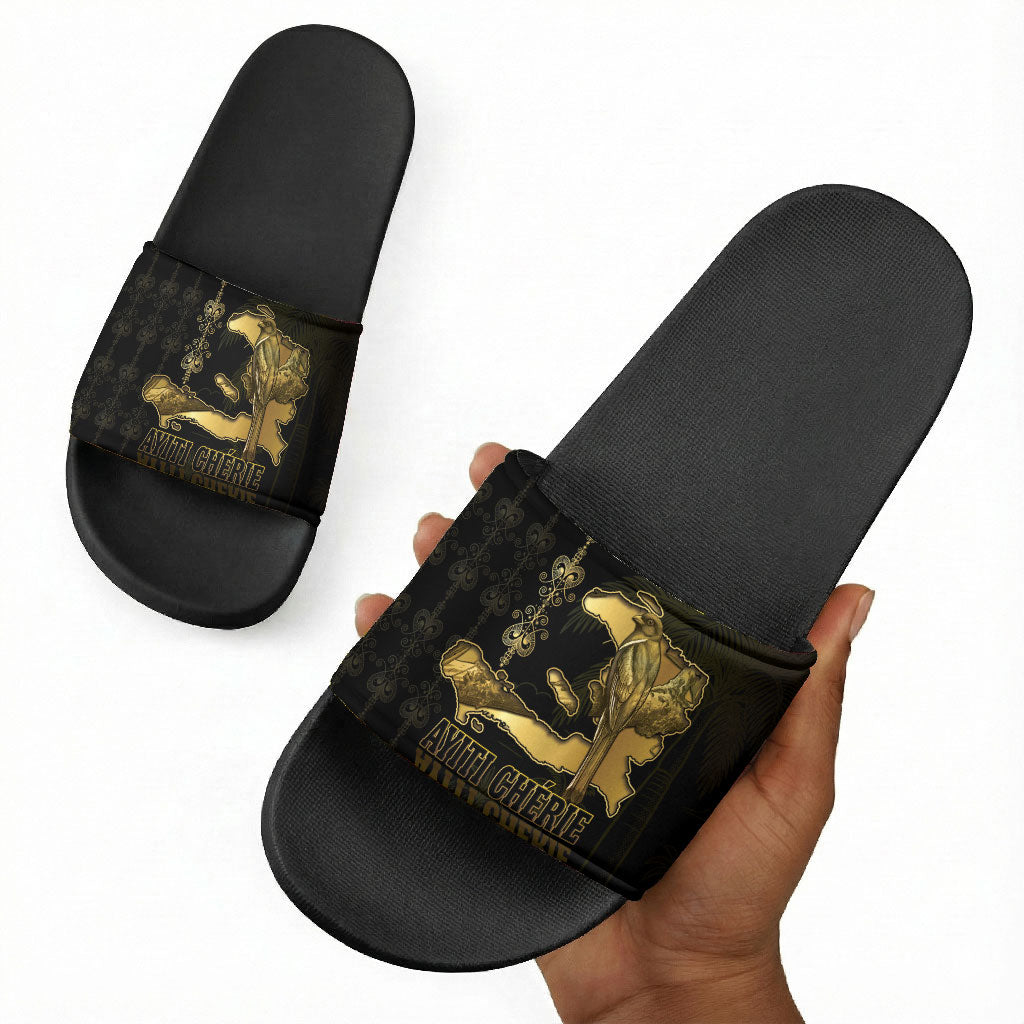 Afro-Haitians Ayiti Cherie Slide Sandals Haiti Map Kanson Wouj Veve Vodou