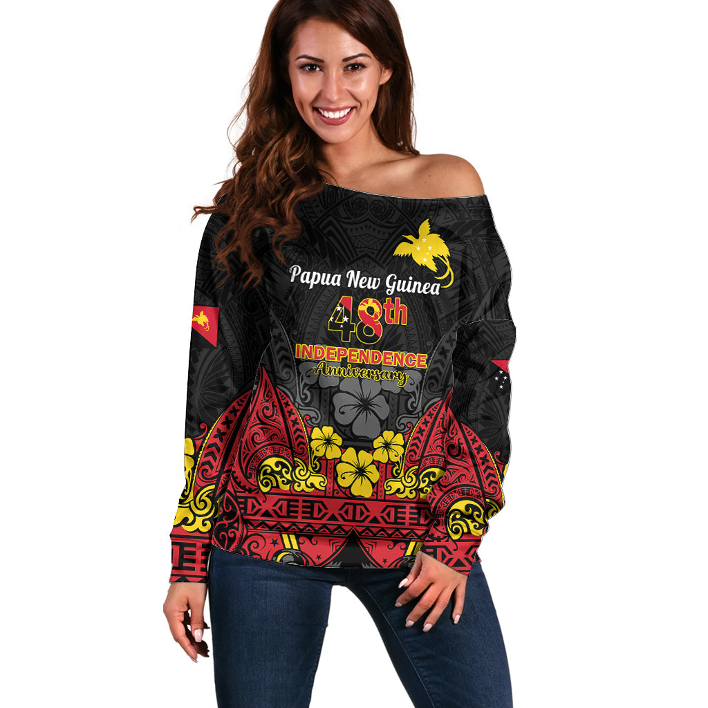 Personalised Independence Day Papua New Guinea Off Shoulder Sweater PNG Bird of Paradise 48th Anniversary - Wonder Print Shop