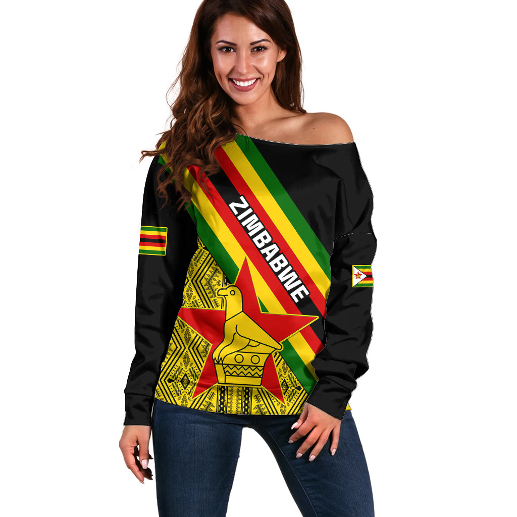 Zimbabwe Off Shoulder Sweater African Pattern With Flag Style - Wonder Print Shop