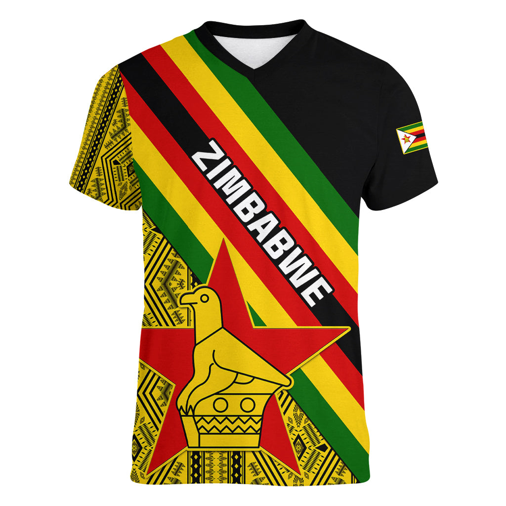 Zimbabwe Women V Neck T Shirt African Pattern With Flag Style - Wonder Print Shop