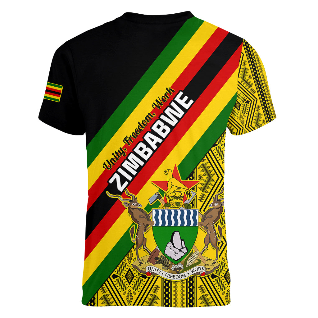 Zimbabwe Women V Neck T Shirt African Pattern With Flag Style - Wonder Print Shop