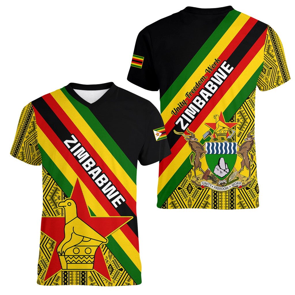 Zimbabwe Women V Neck T Shirt African Pattern With Flag Style - Wonder Print Shop