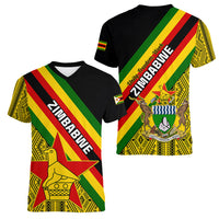 Zimbabwe Women V Neck T Shirt African Pattern With Flag Style - Wonder Print Shop