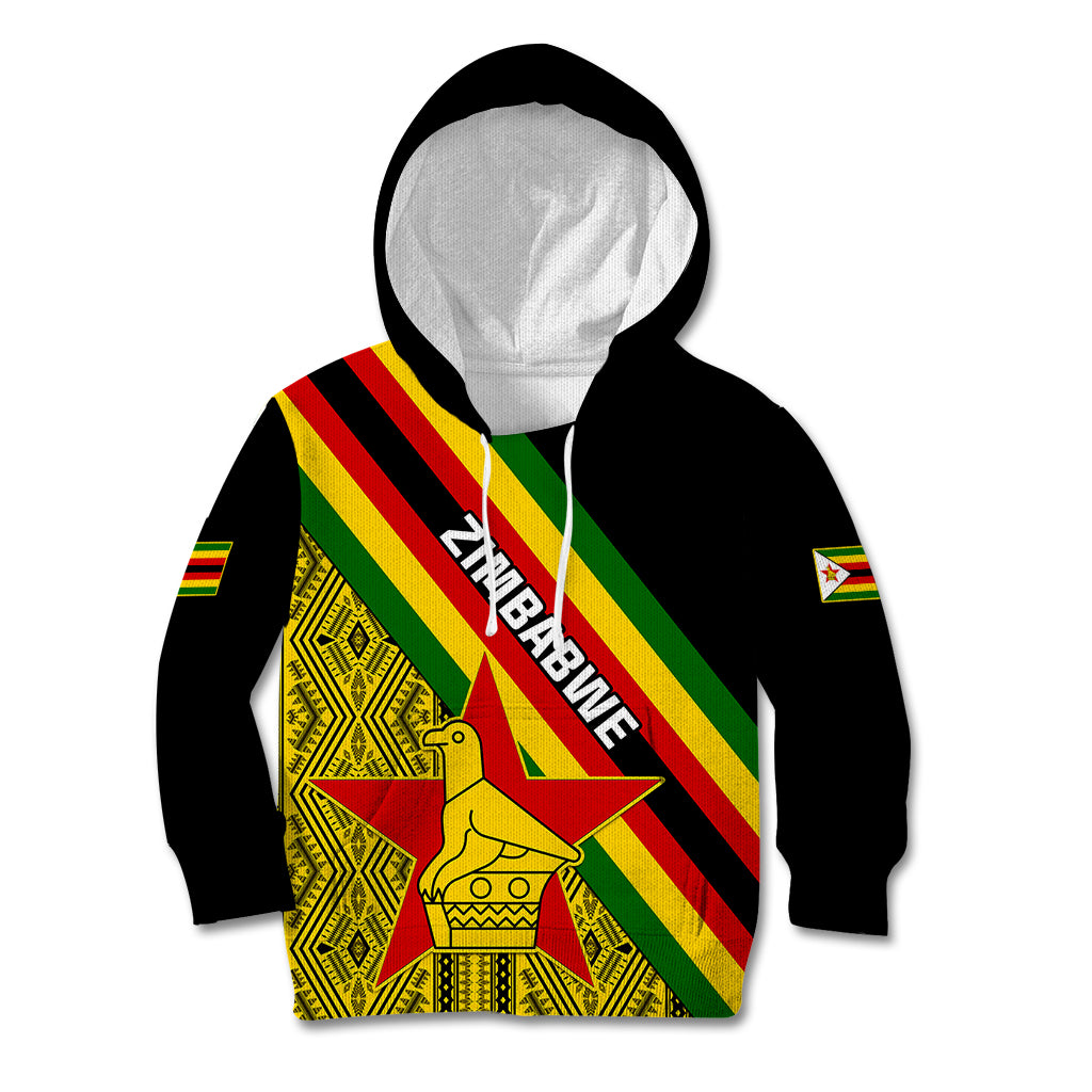 Personalised Zimbabwe Kid Hoodie African Pattern With Flag Style - Wonder Print Shop