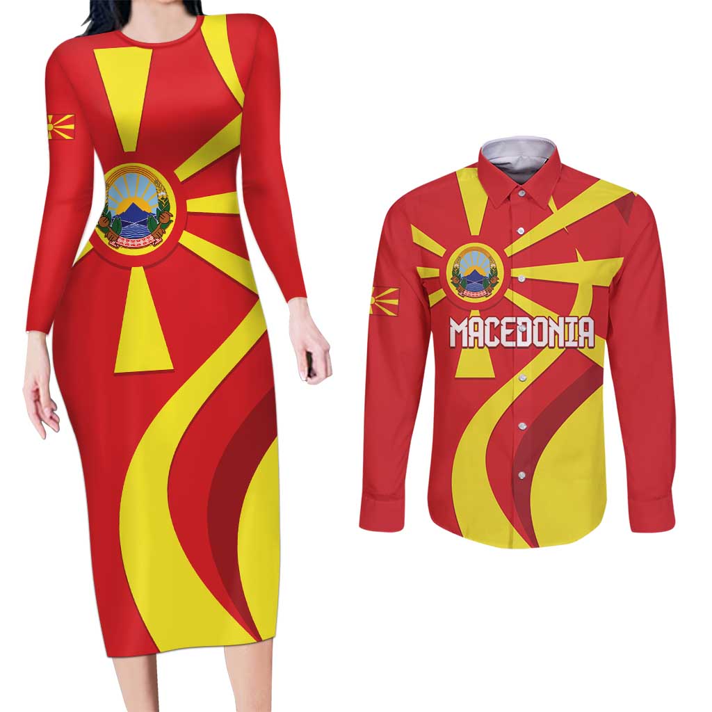 Macedonia National Day Couples Matching Long Sleeve Bodycon Dress and Long Sleeve Button Shirt Makedonija Flag Curves Style