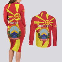 Macedonia National Day Couples Matching Long Sleeve Bodycon Dress and Long Sleeve Button Shirt Makedonija Flag Curves Style