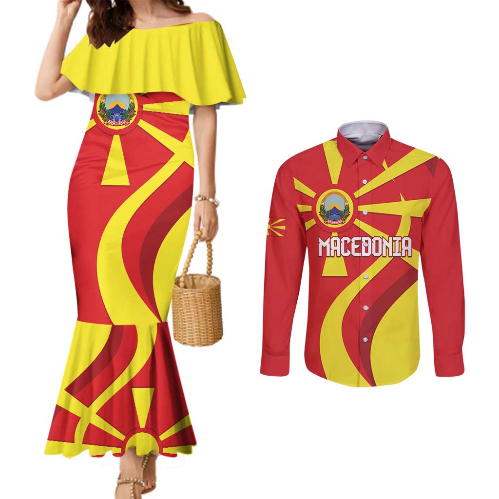 Macedonia National Day Couples Matching Mermaid Dress and Long Sleeve Button Shirt Makedonija Flag Curves Style