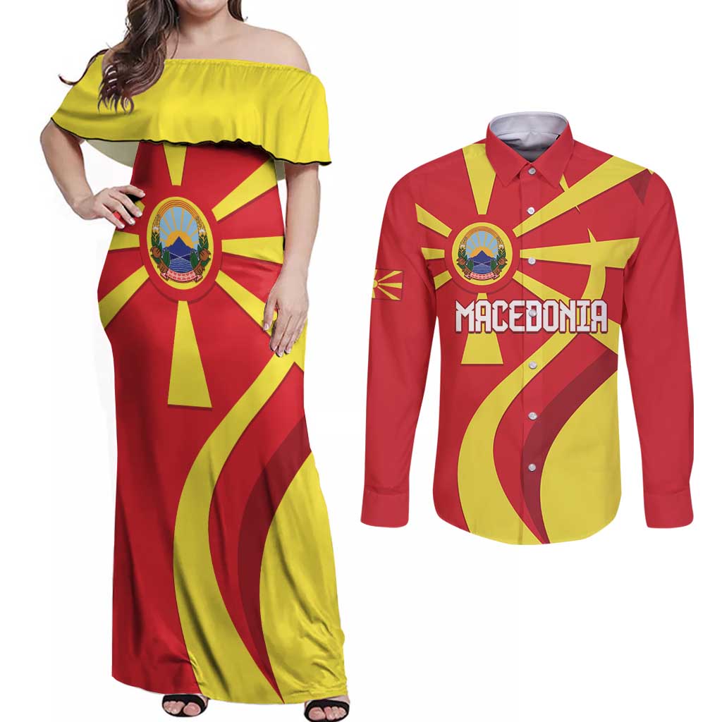 Macedonia National Day Couples Matching Off Shoulder Maxi Dress and Long Sleeve Button Shirt Makedonija Flag Curves Style