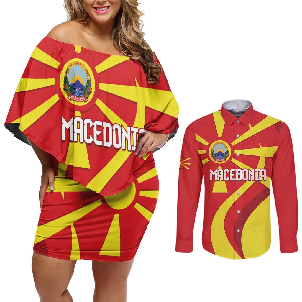 Macedonia National Day Couples Matching Off Shoulder Short Dress and Long Sleeve Button Shirt Makedonija Flag Curves Style