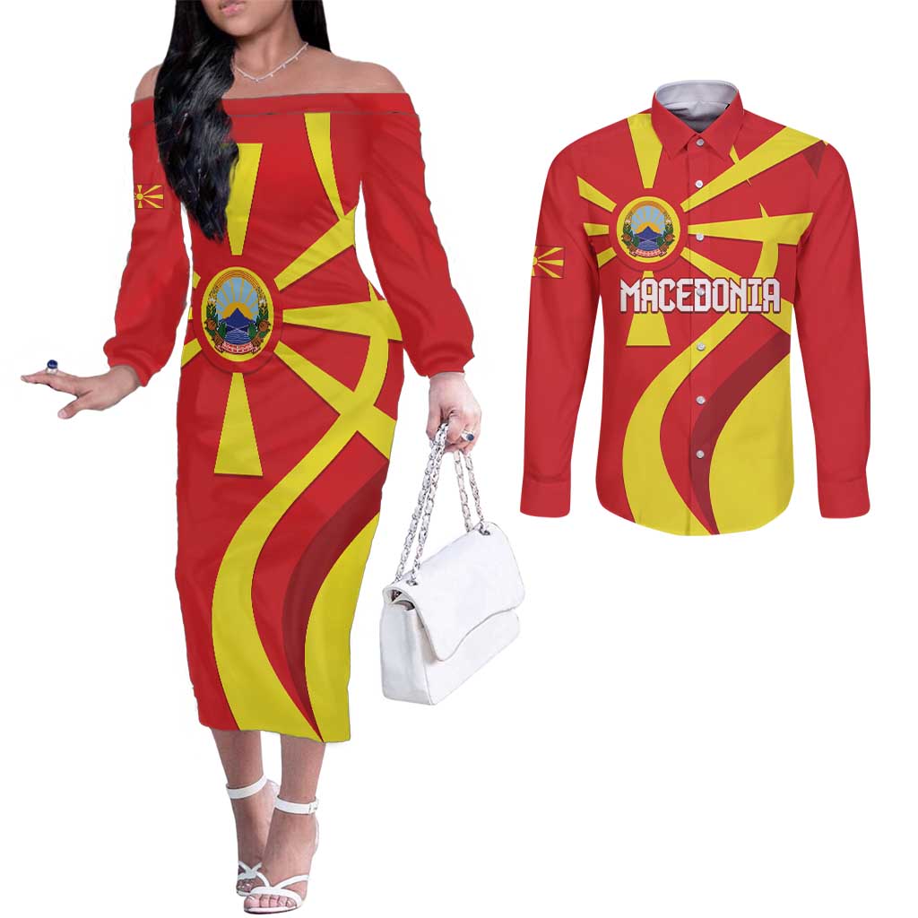 Macedonia National Day Couples Matching Off The Shoulder Long Sleeve Dress and Long Sleeve Button Shirt Makedonija Flag Curves Style