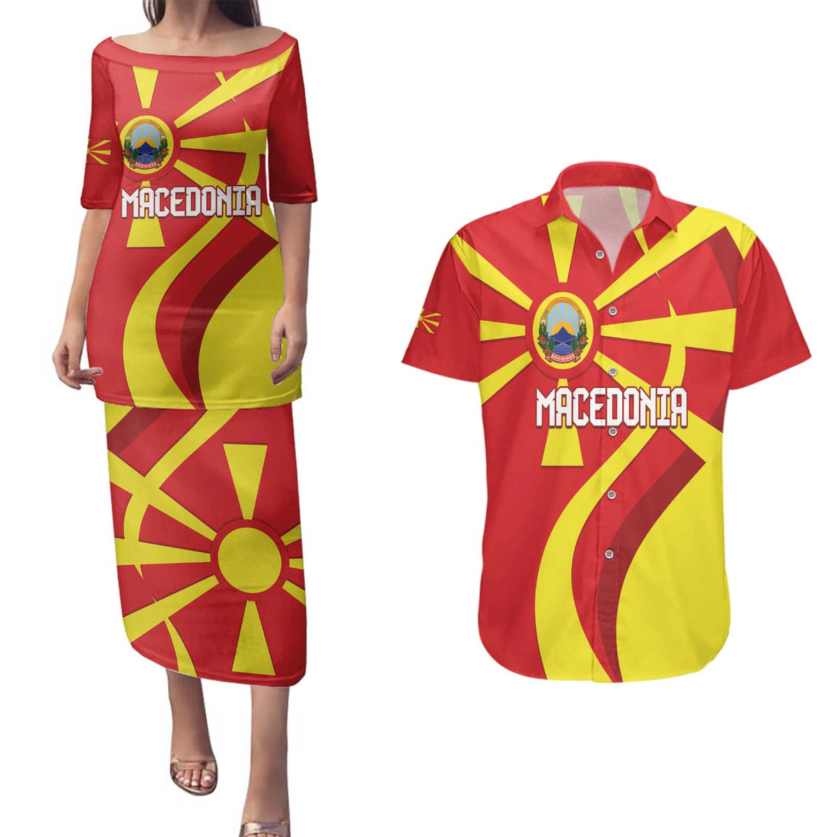 Macedonia National Day Couples Matching Puletasi and Hawaiian Shirt Makedonija Flag Curves Style
