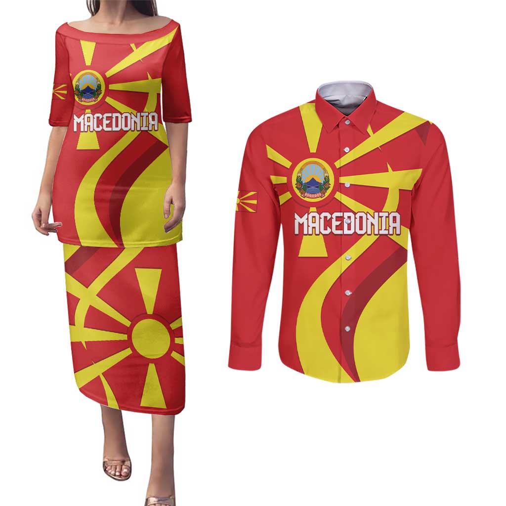 Macedonia National Day Couples Matching Puletasi and Long Sleeve Button Shirt Makedonija Flag Curves Style