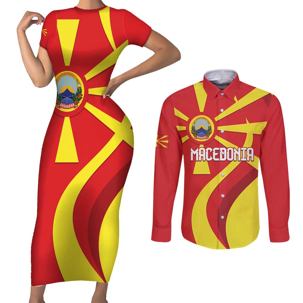 Macedonia National Day Couples Matching Short Sleeve Bodycon Dress and Long Sleeve Button Shirt Makedonija Flag Curves Style