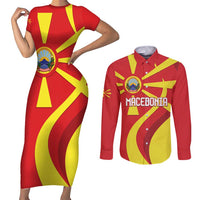 Macedonia National Day Couples Matching Short Sleeve Bodycon Dress and Long Sleeve Button Shirt Makedonija Flag Curves Style