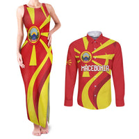 Macedonia National Day Couples Matching Tank Maxi Dress and Long Sleeve Button Shirt Makedonija Flag Curves Style