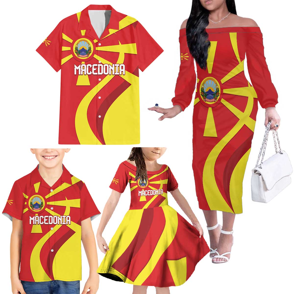 Macedonia National Day Family Matching Off The Shoulder Long Sleeve Dress and Hawaiian Shirt Makedonija Flag Curves Style