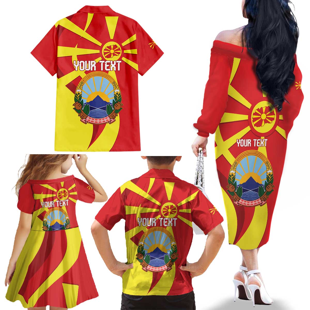 Macedonia National Day Family Matching Off The Shoulder Long Sleeve Dress and Hawaiian Shirt Makedonija Flag Curves Style