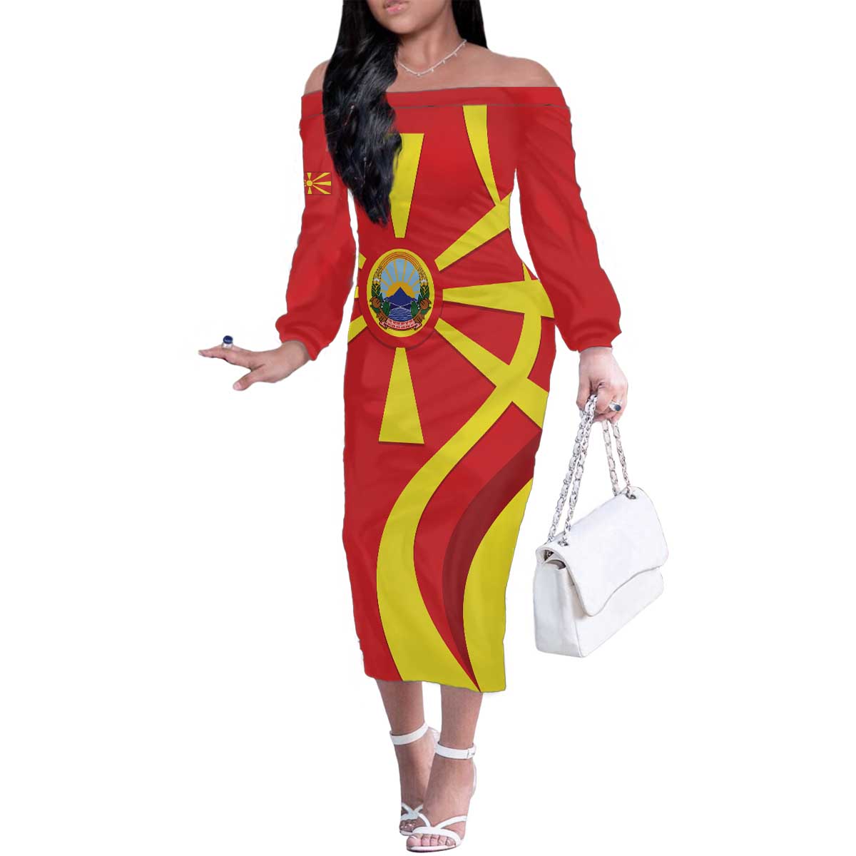 Macedonia National Day Family Matching Off The Shoulder Long Sleeve Dress and Hawaiian Shirt Makedonija Flag Curves Style