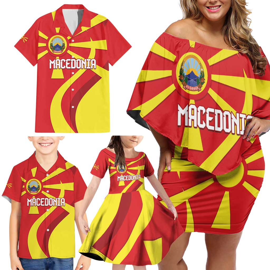 Macedonia National Day Family Matching Off Shoulder Short Dress and Hawaiian Shirt Makedonija Flag Curves Style