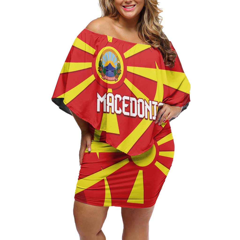 Macedonia National Day Family Matching Off Shoulder Short Dress and Hawaiian Shirt Makedonija Flag Curves Style