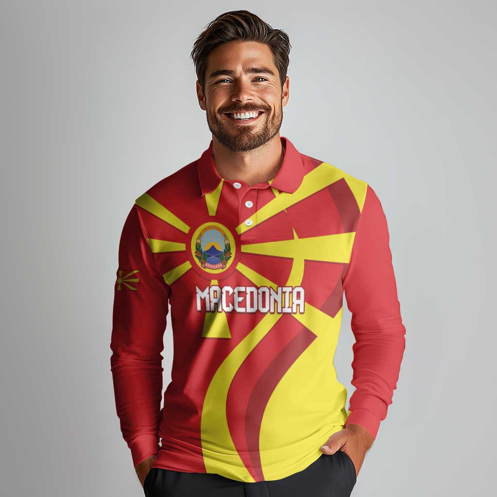 Macedonia National Day Long Sleeve Polo Shirt Makedonija Flag Curves Style