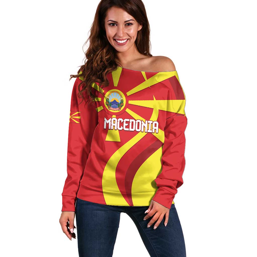 Macedonia National Day Off Shoulder Sweater Makedonija Flag Curves Style