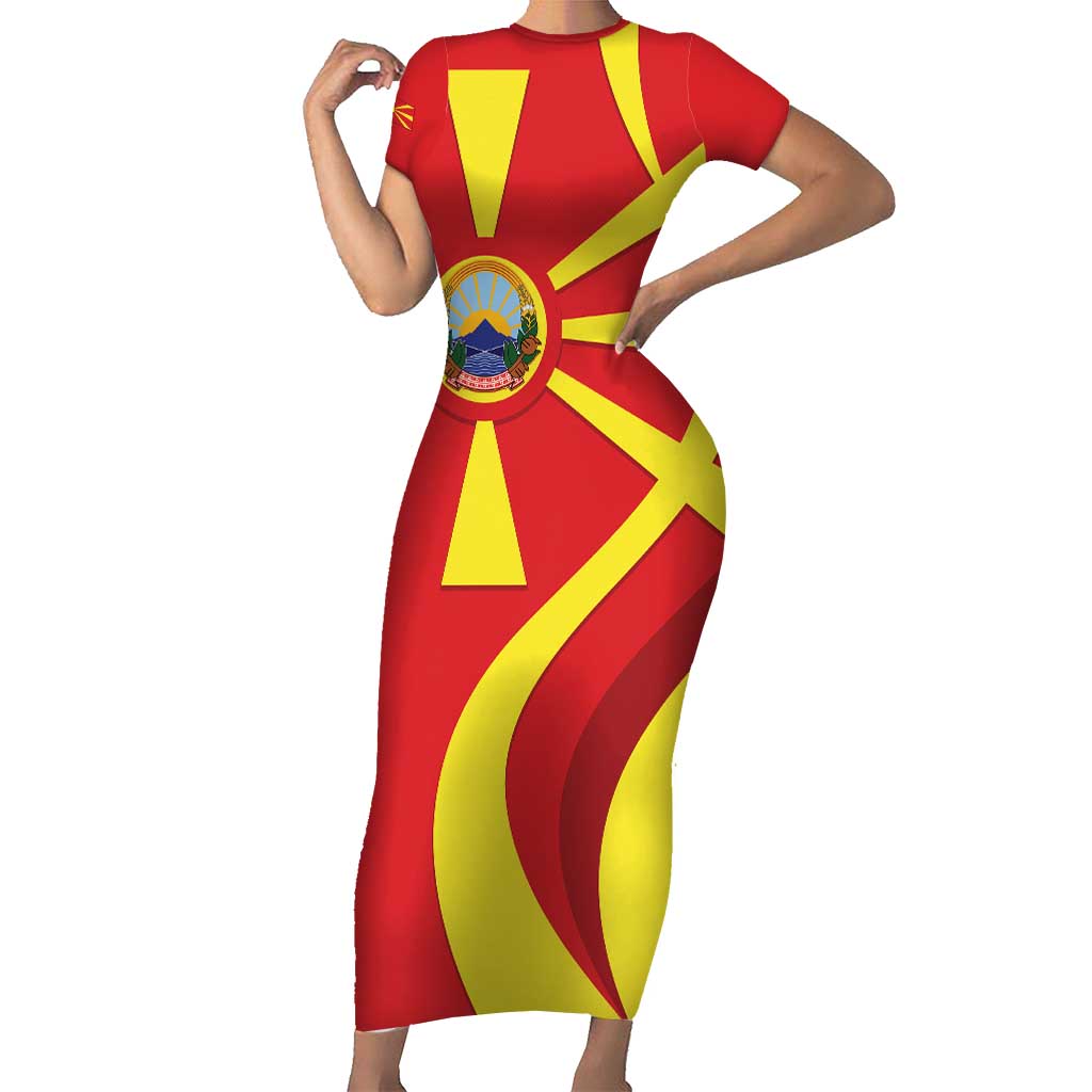 Macedonia National Day Short Sleeve Bodycon Dress Makedonija Flag Curves Style