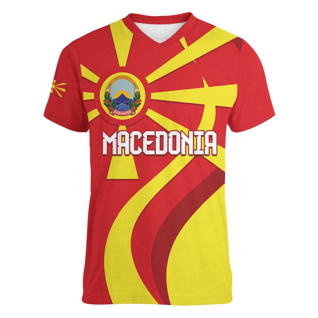 Macedonia National Day Women V-Neck T-Shirt Makedonija Flag Curves Style